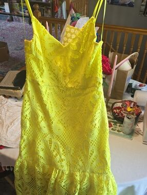 Flying Tomato Yellow Lace Spaghetti-Strap Dress, Flare Bottom Midi